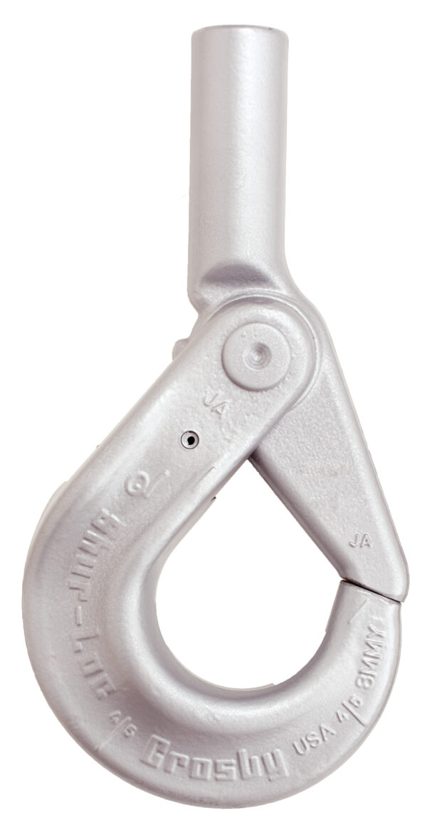 Industrial lifting hook for heavy-duty applications, featuring sturdy metal construction and secure locking mechanism.