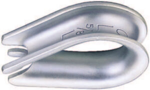 Close-up of a metal thimble for rope or cable, showing size markings and smooth finish.