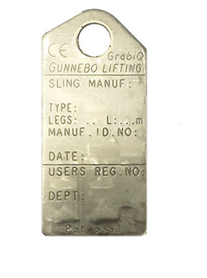 Metallic tag for Gunnebo Lifting sling with fields for type, legs, manufacturer ID, date, user reg. number, and department.