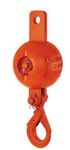 Orange industrial crane hook with a swivel pulley for lifting heavy loads.