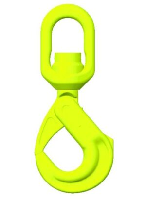 Bright yellow heavy-duty safety hook with swivel, ideal for lifting and rigging applications.