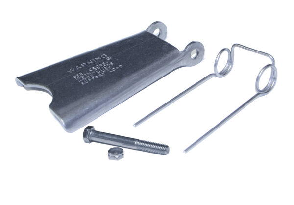 Metal lifting clamp set with bolt and pin, featuring engraved warning instructions for safe load handling.