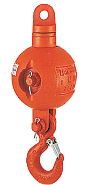 Red industrial crane hook assembly with a swivel and safety latch, ideal for heavy lifting in construction or warehouses.