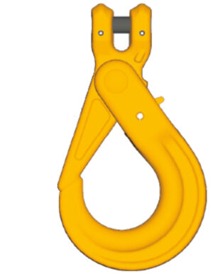 Yellow steel lifting hook for industrial applications, isolated on white background.