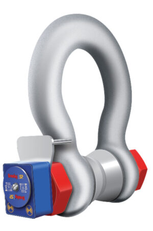 Wireless load shackle with blue housing and red accents for heavy lifting applications.