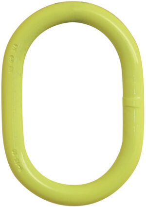 Yellow oval metal link against white background, used in heavy-duty applications.