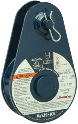 Heavy-duty McKissick pulley block with safety instructions and wire rope size guide. Suitable for industrial lifting tasks.