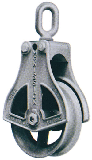 Heavy-duty industrial pulley with hook for lifting, load capacity of 10 tons, robust metal construction.