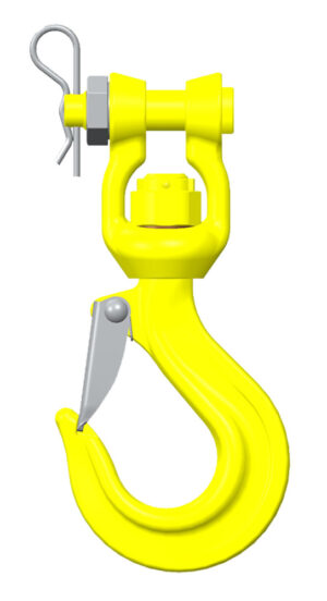 Yellow safety hook with latch and swivel, isolated on white background. Ideal for lifting and rigging equipment visuals.