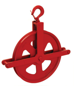 Red industrial pulley block with hook for lifting and hoisting applications.