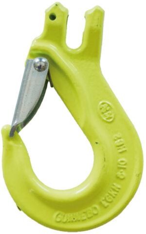 Bright yellow industrial lifting hook with safety latch, ideal for securing loads.