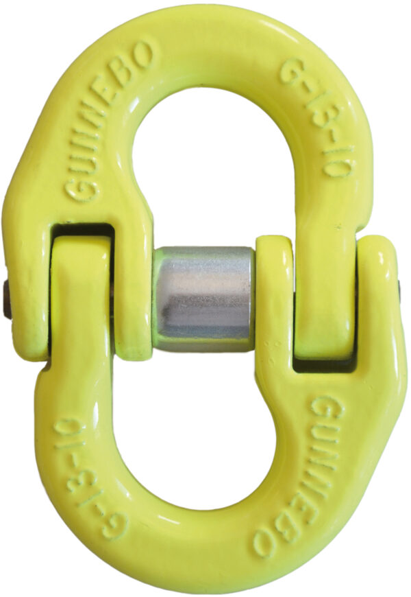 Yellow lifting hook connector, marked Gunnebo, suitable for heavy-duty industrial applications.