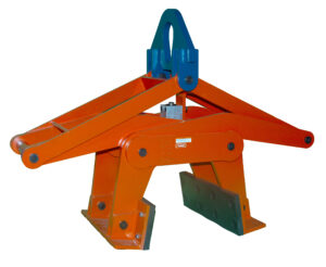 Heavy-duty orange lifting clamp for industrial applications, featuring robust construction and top-handling design.