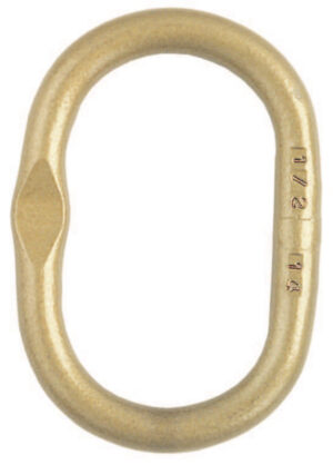 Oval brass loop connector with engraved markings, suitable for heavy-duty applications and secure connections.