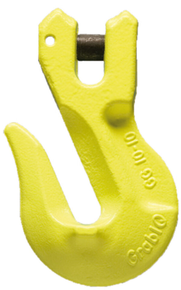 Yellow industrial hook for lifting equipment. Durable and heavy-duty design for secure and reliable use.