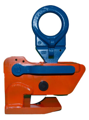 Orange and blue lifting clamp for industrial applications on a white background.