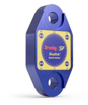 Blue Dynamometer by Crosby Bluelink, digital load monitoring device with wireless connectivity, yellow and blue finish.