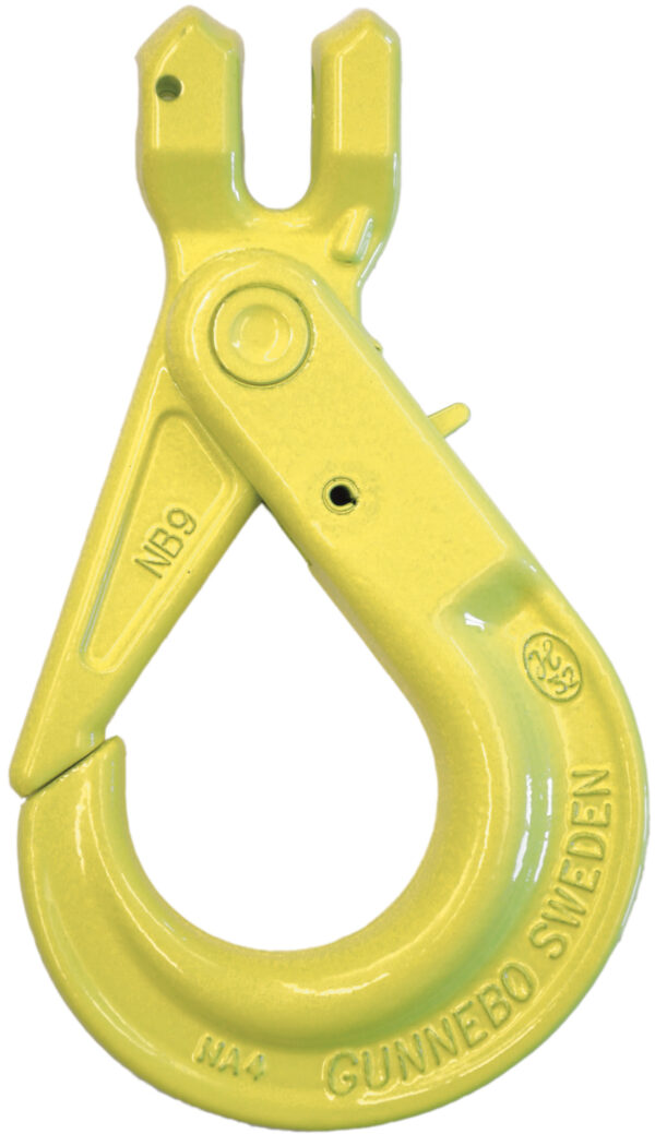 Yellow industrial lifting hook with Gunnebo Sweden engraving, showcasing durability and strength.