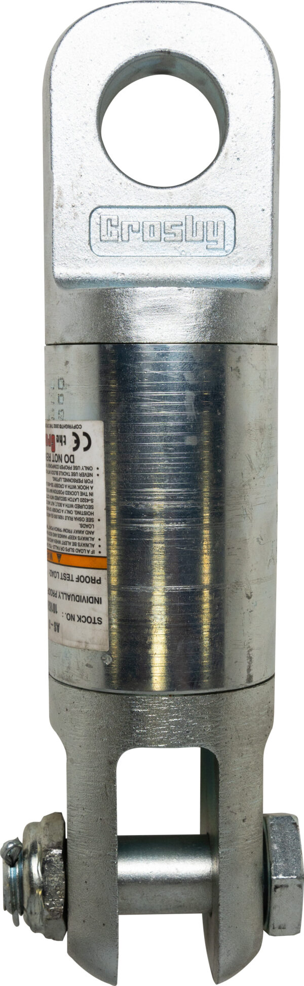 Heavy-duty Crosby lifting eye bolt with inspection label for secure load handling.