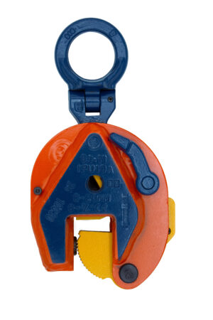 Orange and blue vertical lifting clamp for secure material handling and hoisting operations.