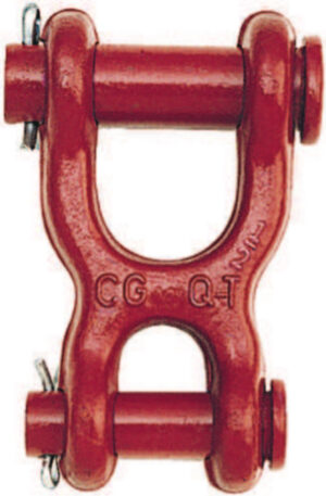 Red clevis shackle with locking pin for lifting and rigging applications.