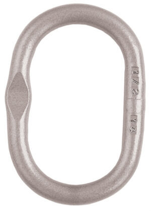 Metal chain link with visible size markings, commonly used in climbing and safety gear equipment.