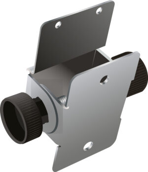 Metal mechanical bracket with screws and adjustable knobs for secure connections in machinery or furniture assembly.