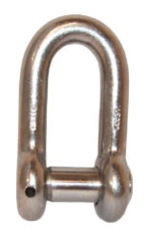 Metal U-shaped shackle with a threaded pin, used for securing and lifting various loads.
