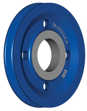 Blue McKissick sheave wheel with holes, close-up view.