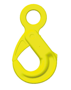 Yellow lifting hook for industrial chains, featuring a secure closure mechanism. Ideal for heavy-duty applications.