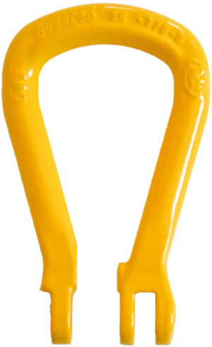Yellow steel lifting hook for industrial use on white background.