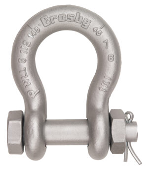 Heavy-duty steel shackle with pin, marked Crosby, designed for lifting and rigging applications.