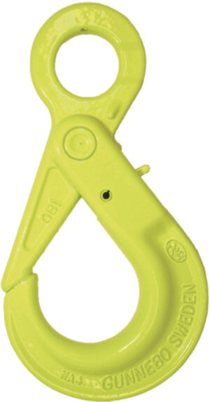 Bright yellow industrial lifting hook with Gunnebo Sweden inscribed on it, used for secure lifting tasks.