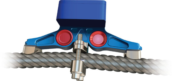 Blue clamp securing a steel cable, featuring bolts and red components for industrial applications.
