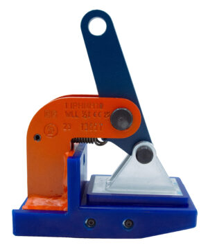 Close-up of a blue and orange industrial lifting clamp with metal levers, featuring a triangular base.