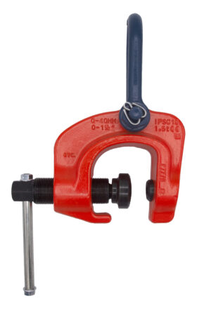 Red heavy-duty lifting clamp for industrial use, labeled IPSC10 with 1.5t capacity.