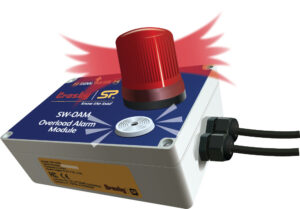 Overload alarm module with red flashing light, labeled SW-OAM. Used for load monitoring and safety alerts.