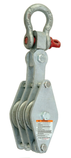 Heavy-duty industrial pulley block with dual wheels and safety latch for lifting and rigging tasks.