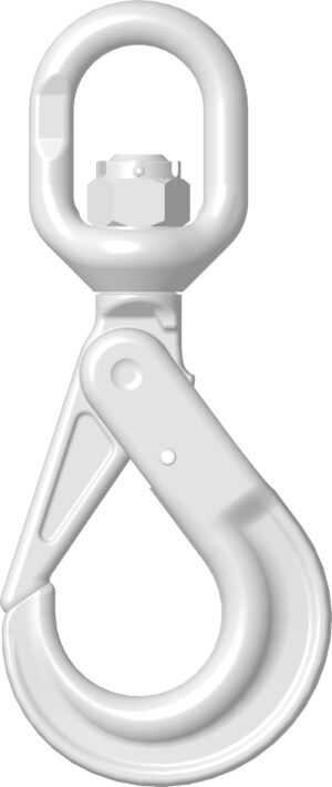 Heavy-duty metal hook with safety latch for secure lifting and rigging. Perfect for industrial applications.