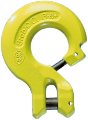 Yellow industrial grab hook for lifting, labeled GrabIQ CL 13-8+, isolated on white background.