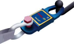 Blue rugged TowCell load monitoring device connected to a tow bar and shackle, for safe towing operations.