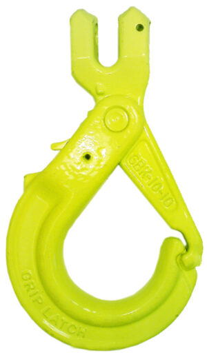 Yellow heavy-duty grip latch hook for lifting and securing loads in industrial applications.