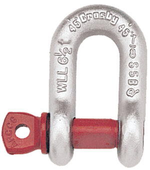 Steel shackle with red pin and embossed text for strength rating, used for secure lifting and rigging applications.
