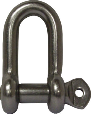 Close-up of a metal shackle with a bolt pin, used for securing or connecting heavy loads.
