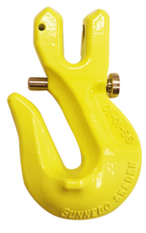 Yellow industrial lifting hook with durable design, embossed text, used for heavy-duty applications.