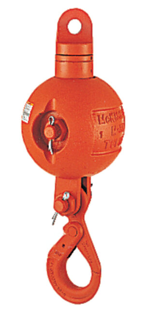Red industrial lifting hook with swivel connection for heavy-duty applications.