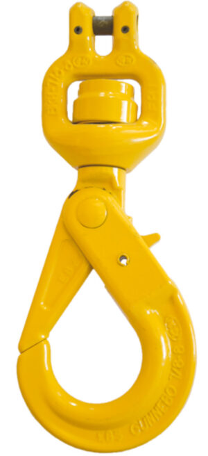 Yellow industrial lifting hook with safety latch, isolated on white background. Suitable for heavy-duty hoisting tasks.