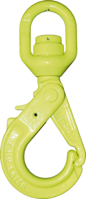 Green swivel hook with safety latch, ideal for heavy-duty lifting and rigging applications.