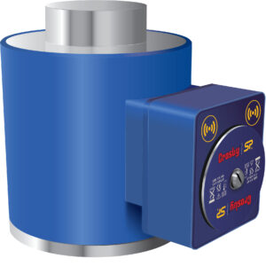 Blue industrial load cell sensor with wireless connectivity and Crosby SP branding.