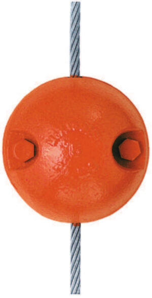 Orange aerial marker ball on a steel wire, used for visibility on overhead power lines and cables.
